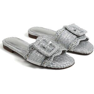 Women's Silver Buckle Straw Flats Woven Braided Rattan Slides Summer Sandals